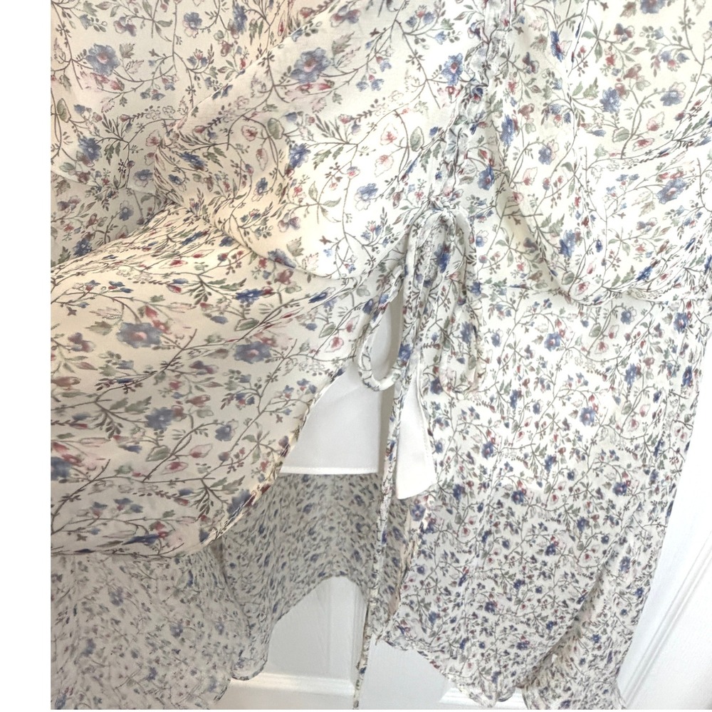 Sam Edelman Floral Faux Wrap Dress Womens 8 White Blue Ruffle Midi Dress - Picture 7 of 13